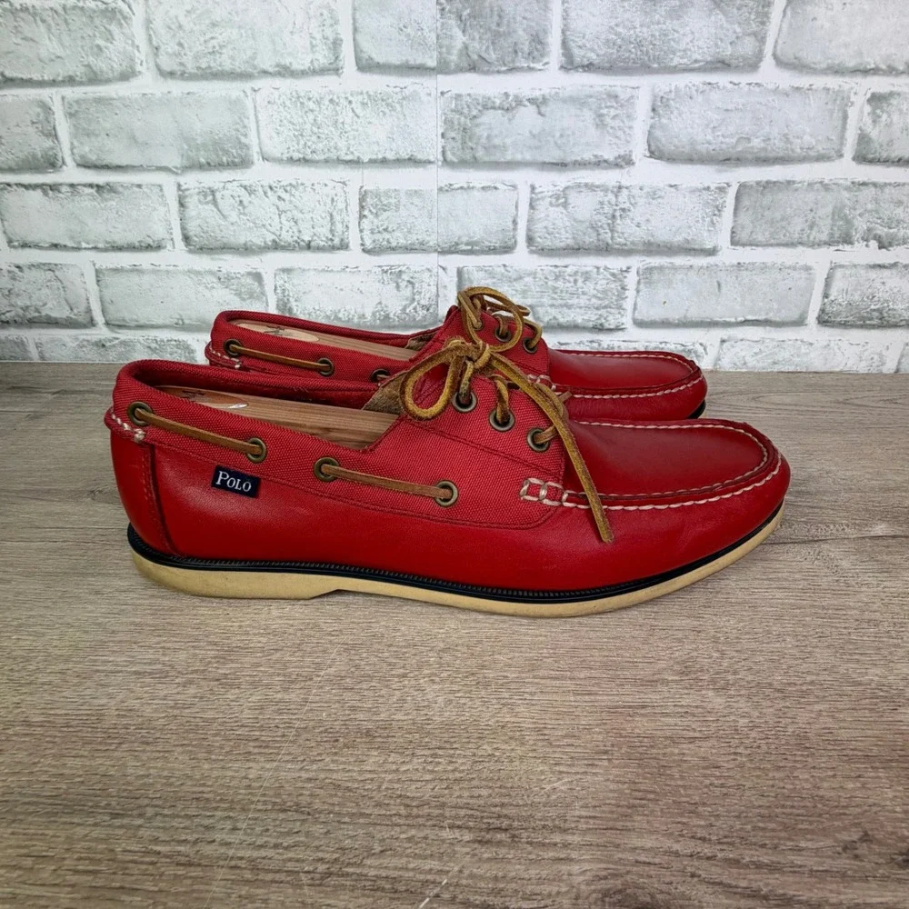 Polo Ralph Lauren Bienne Boat Shoes Red Canvas Leather‎ Mens 10D